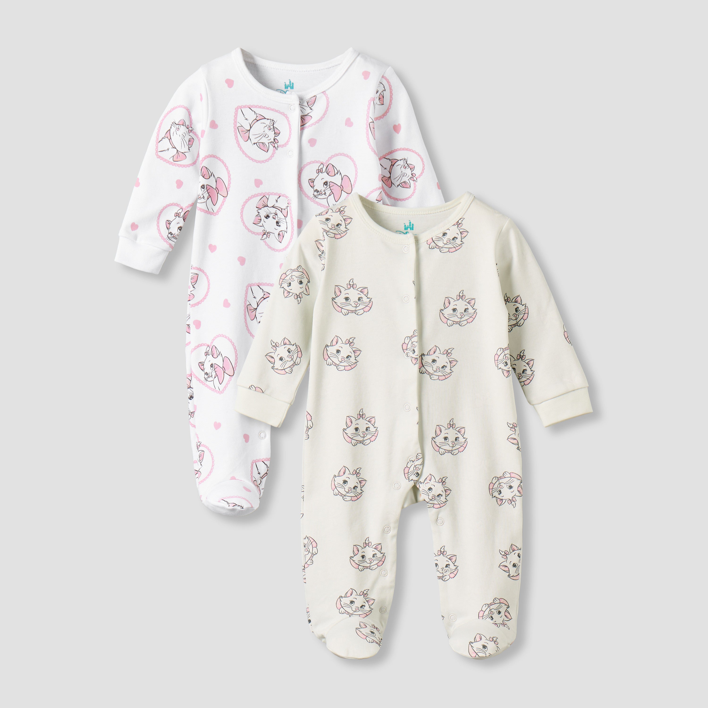 Pack of 2 Disney Cotton Round Neck Long Sleeves Sleepsuit with Marie Print - Multicolour / 9-12 mths