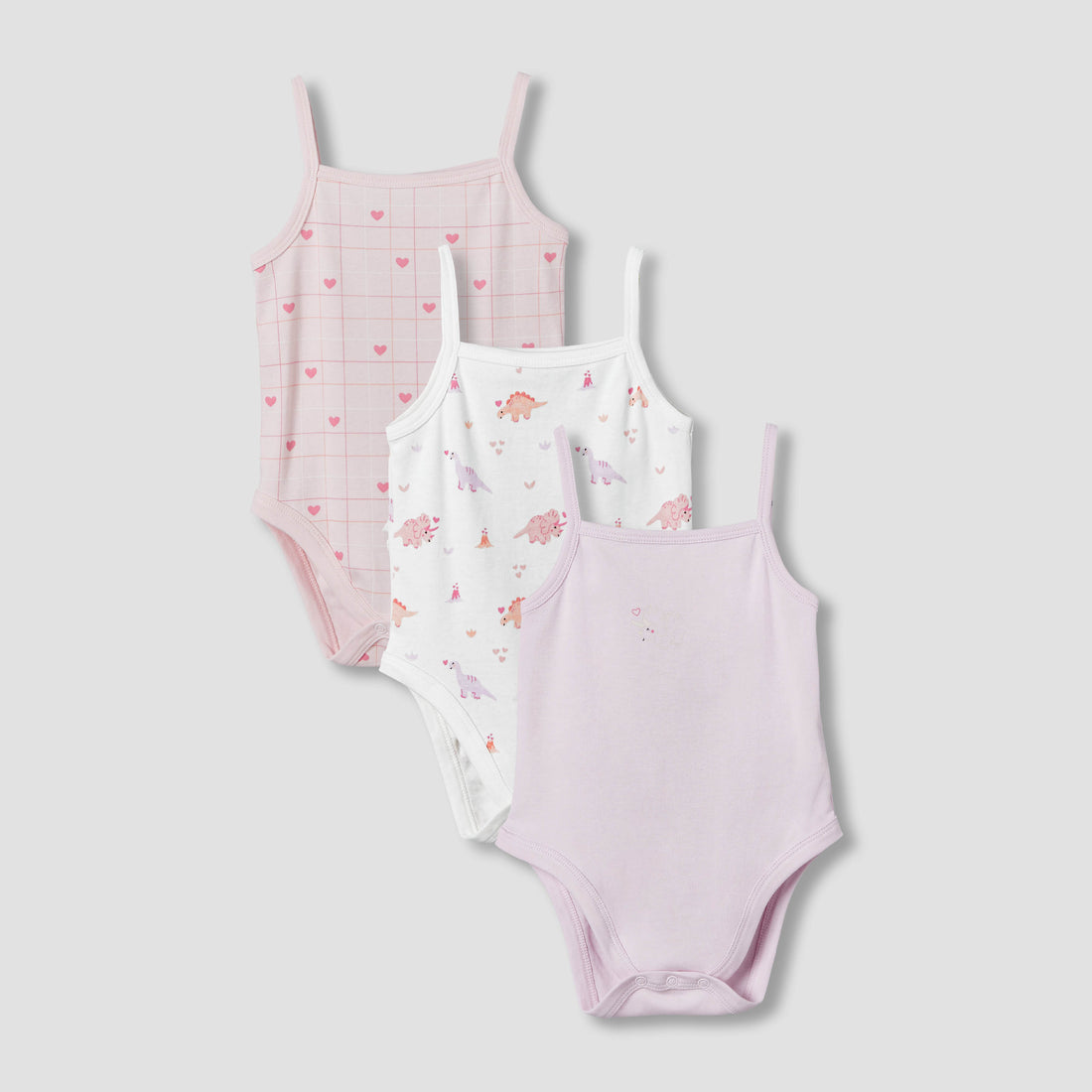 Pack of 3 Juniors Cotton Strappy Bodysuit with Dinosaur Print - Pink / 12-18 mths