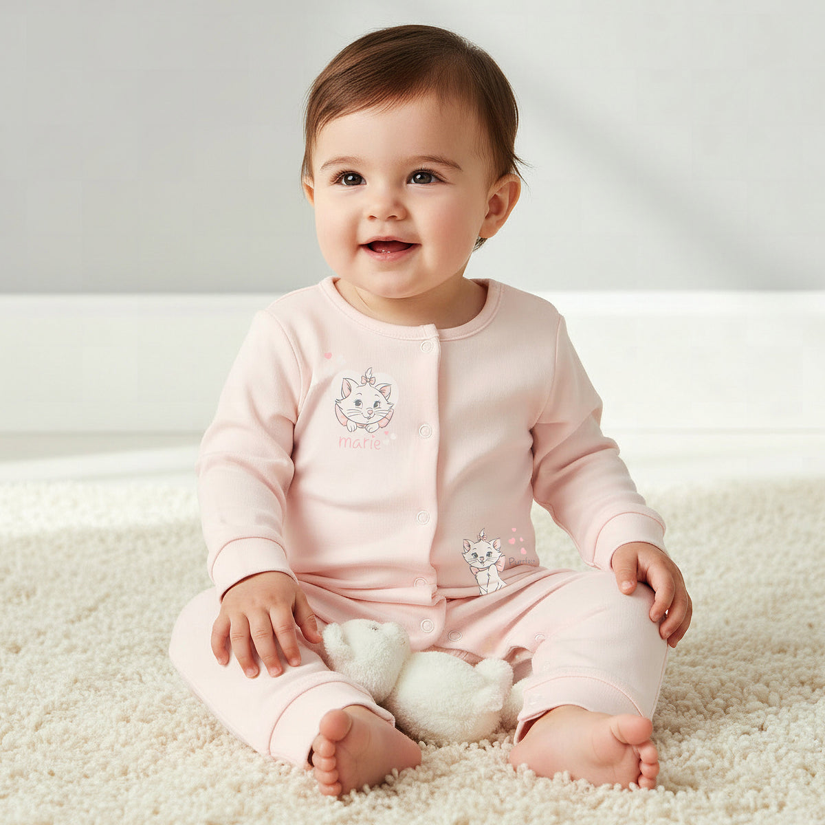 Set of 2 Disney Cotton Round Neck Sleepsuit and Romper with Marie Print