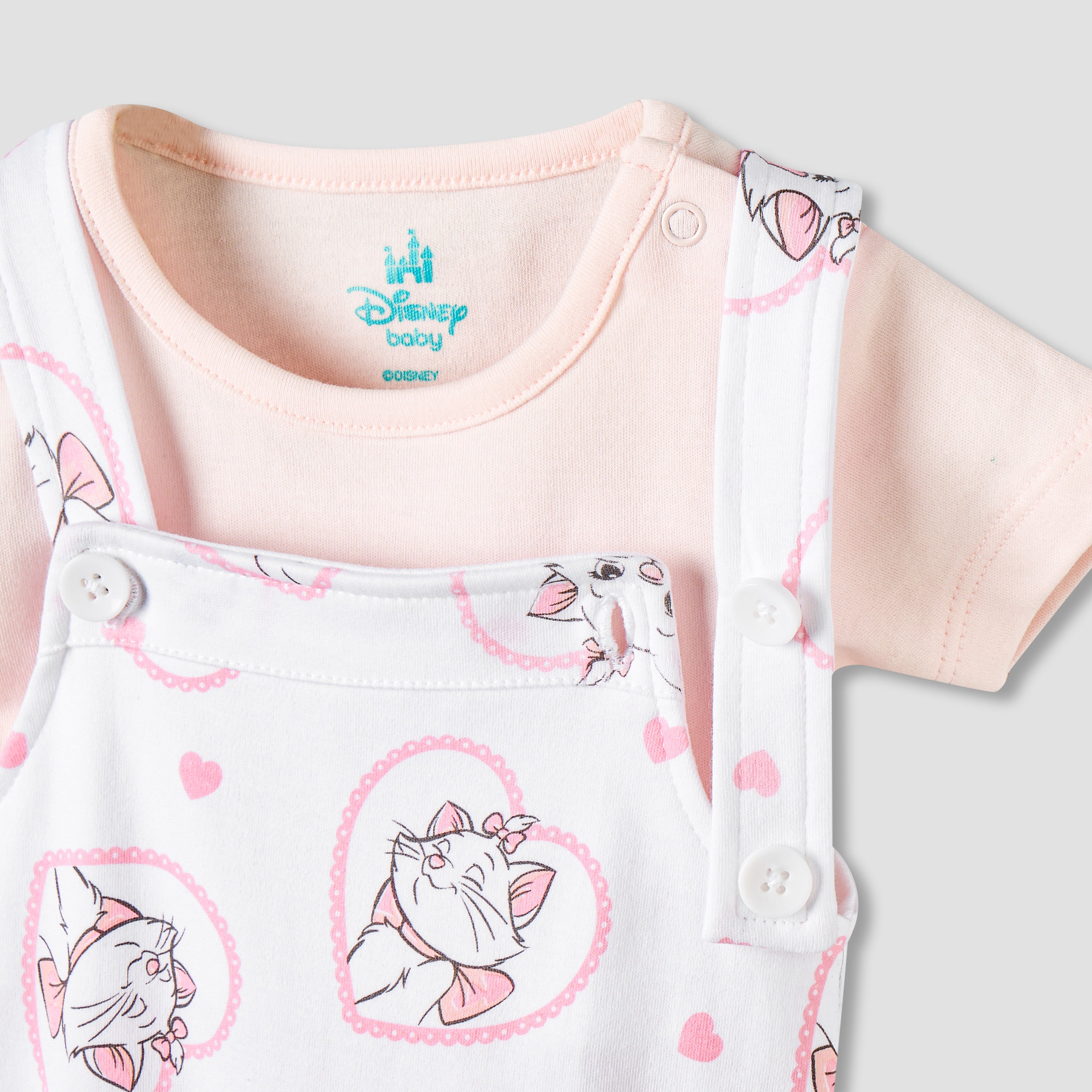 Disney Round Neck Short Sleeves T-shirt and Dungaree Set with Marie Print