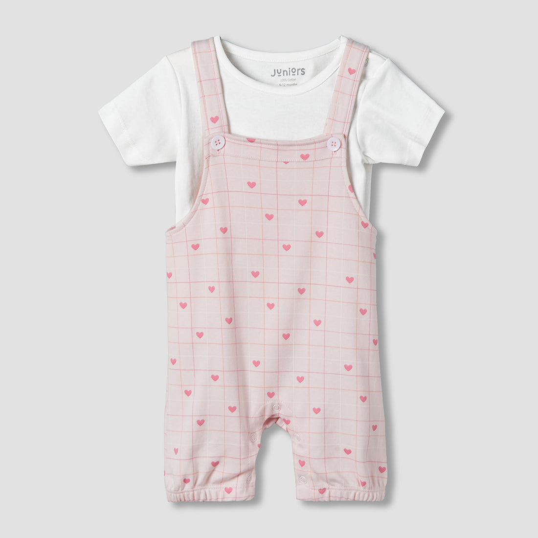 Juniors Short Sleeves T-shirt and Dungaree Set with Heart Print - Pink / 12-18 mths