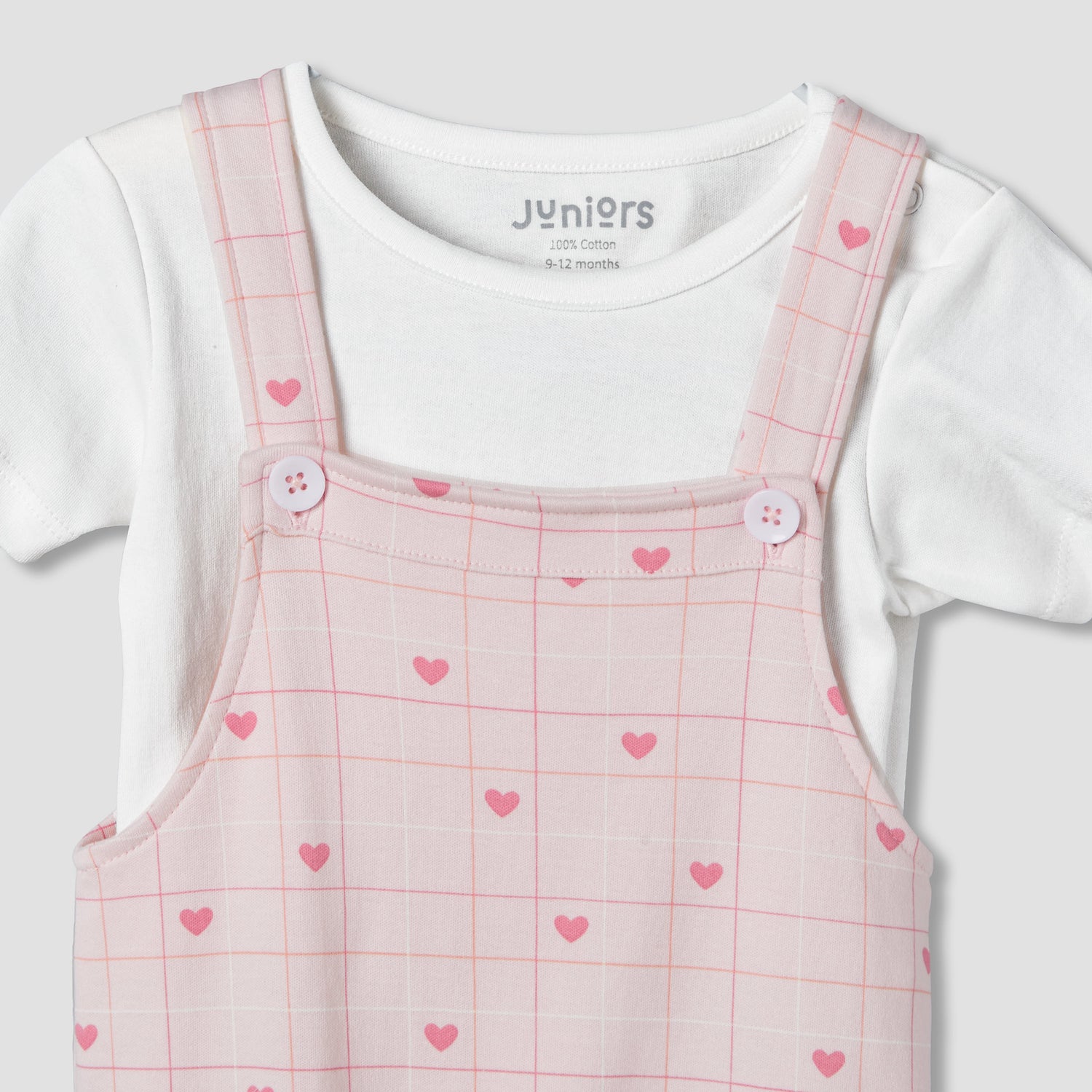 Juniors Short Sleeves T-shirt and Dungaree Set with Heart Print