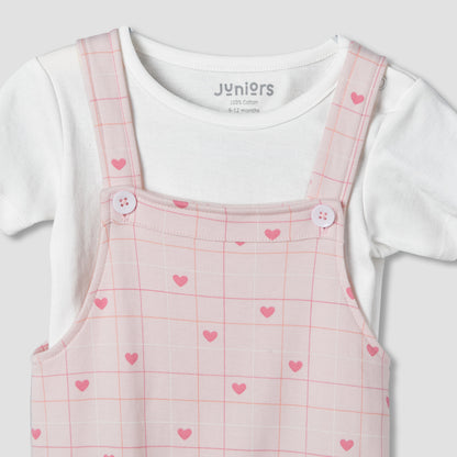 Juniors Short Sleeves T-shirt and Dungaree Set with Heart Print