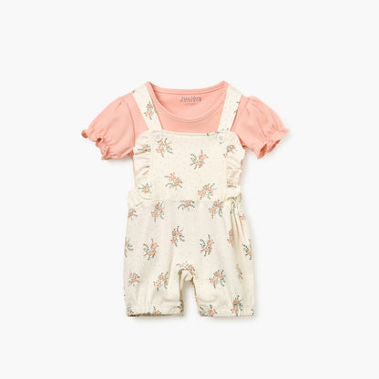Juniors All-Over Floral Print Dungaree and T-shirt Set - Pink / 12-18 mths