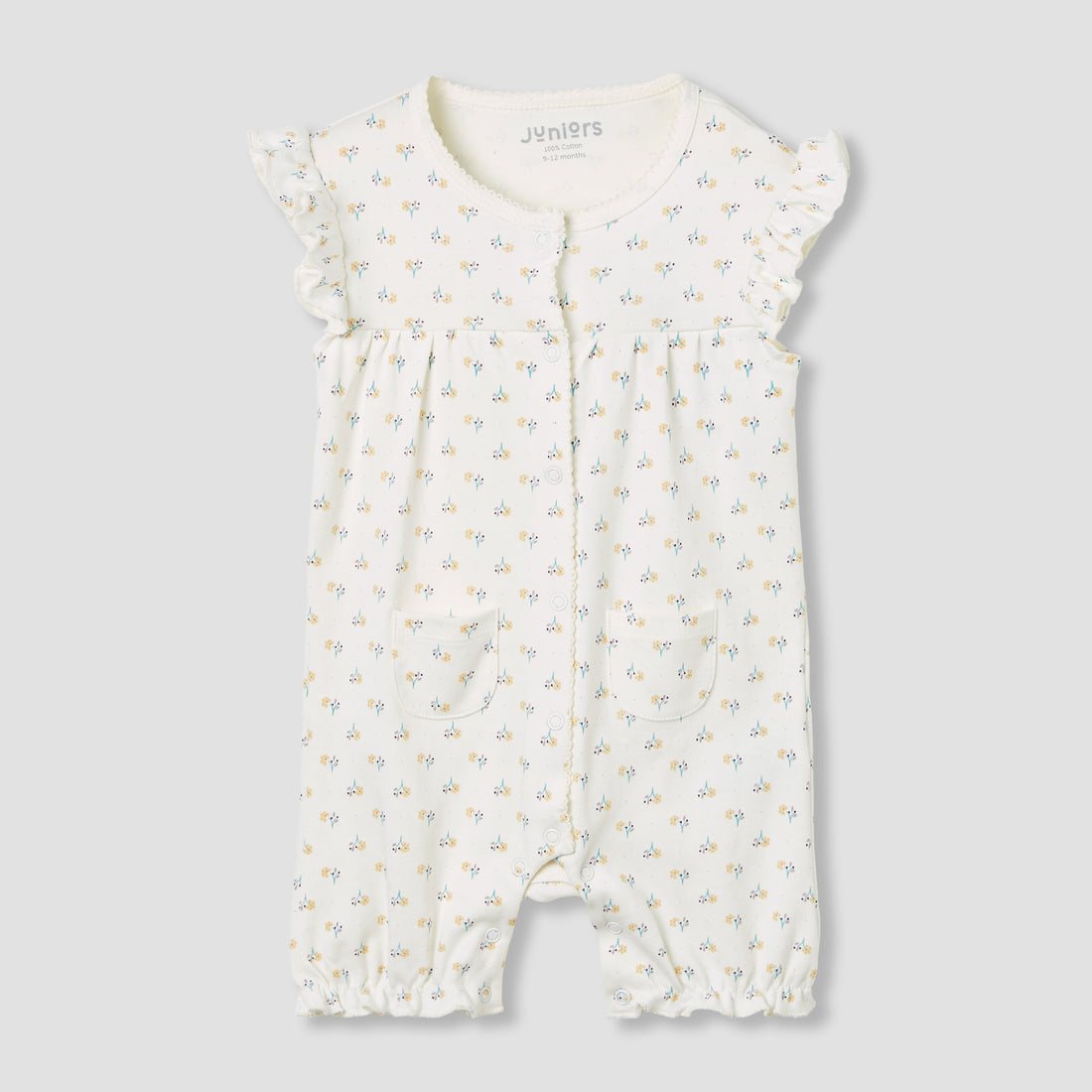 Juniors Floral Print Romper with Ruffle Sleeves - Cream / 12-18 mths