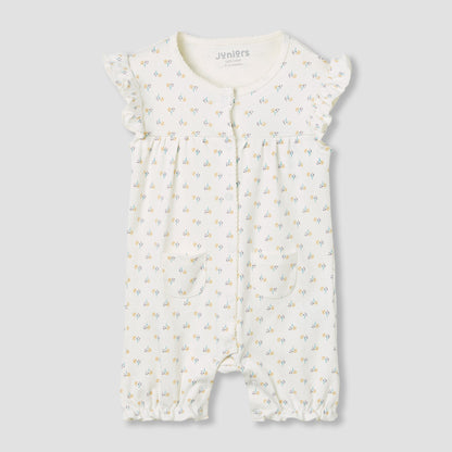 Juniors Floral Print Romper with Ruffle Sleeves - Cream / 12-18 mths