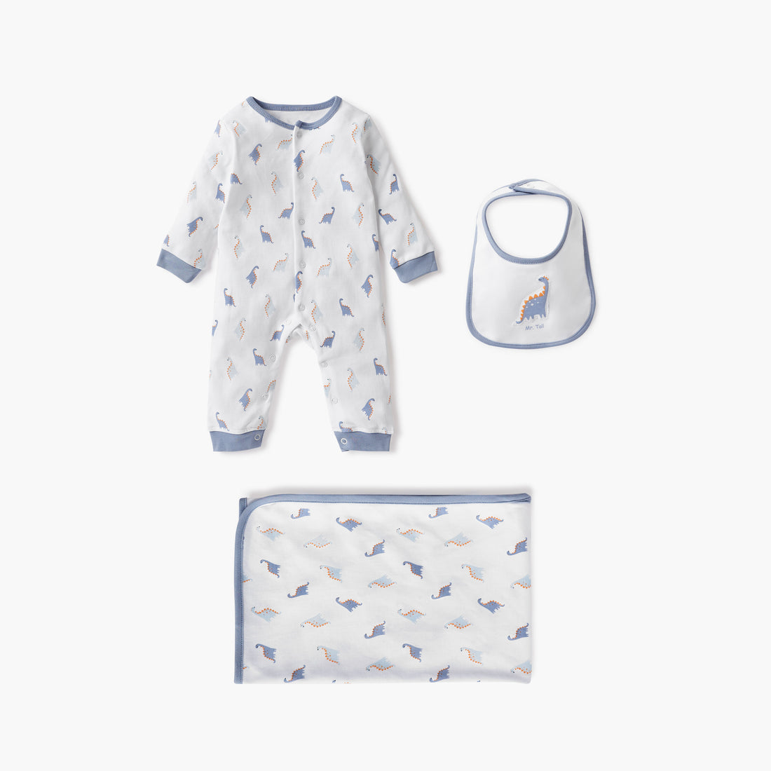 Juniors Dinosaur Print Sleepsuit with Bib and Receiving Blanket - Blue / 0-3 mths