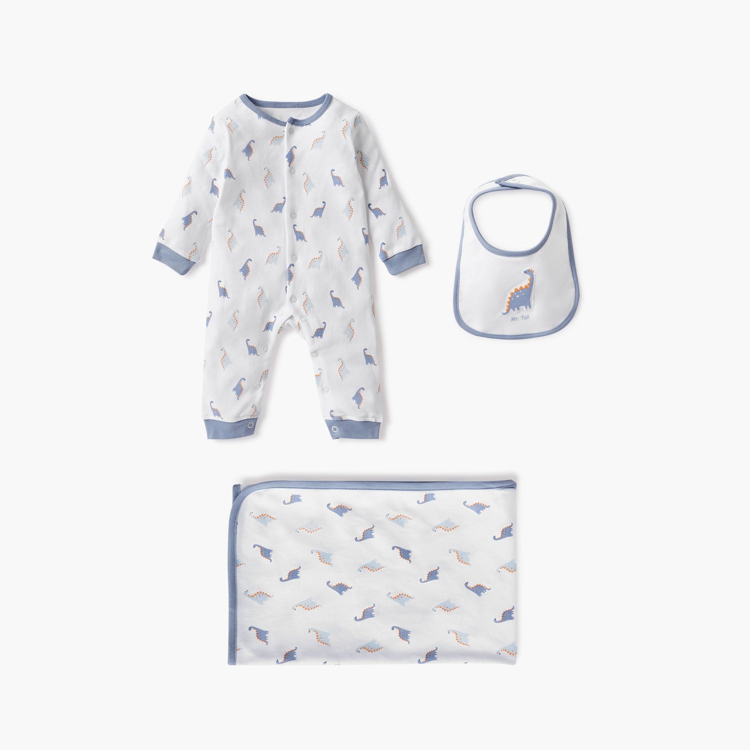 Juniors Dinosaur Print Sleepsuit with Bib and Receiving Blanket - Blue / 0-3 mths