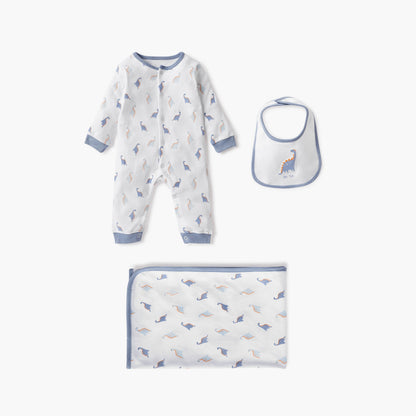 Juniors Dinosaur Print Sleepsuit with Bib and Receiving Blanket - Blue / 0-3 mths