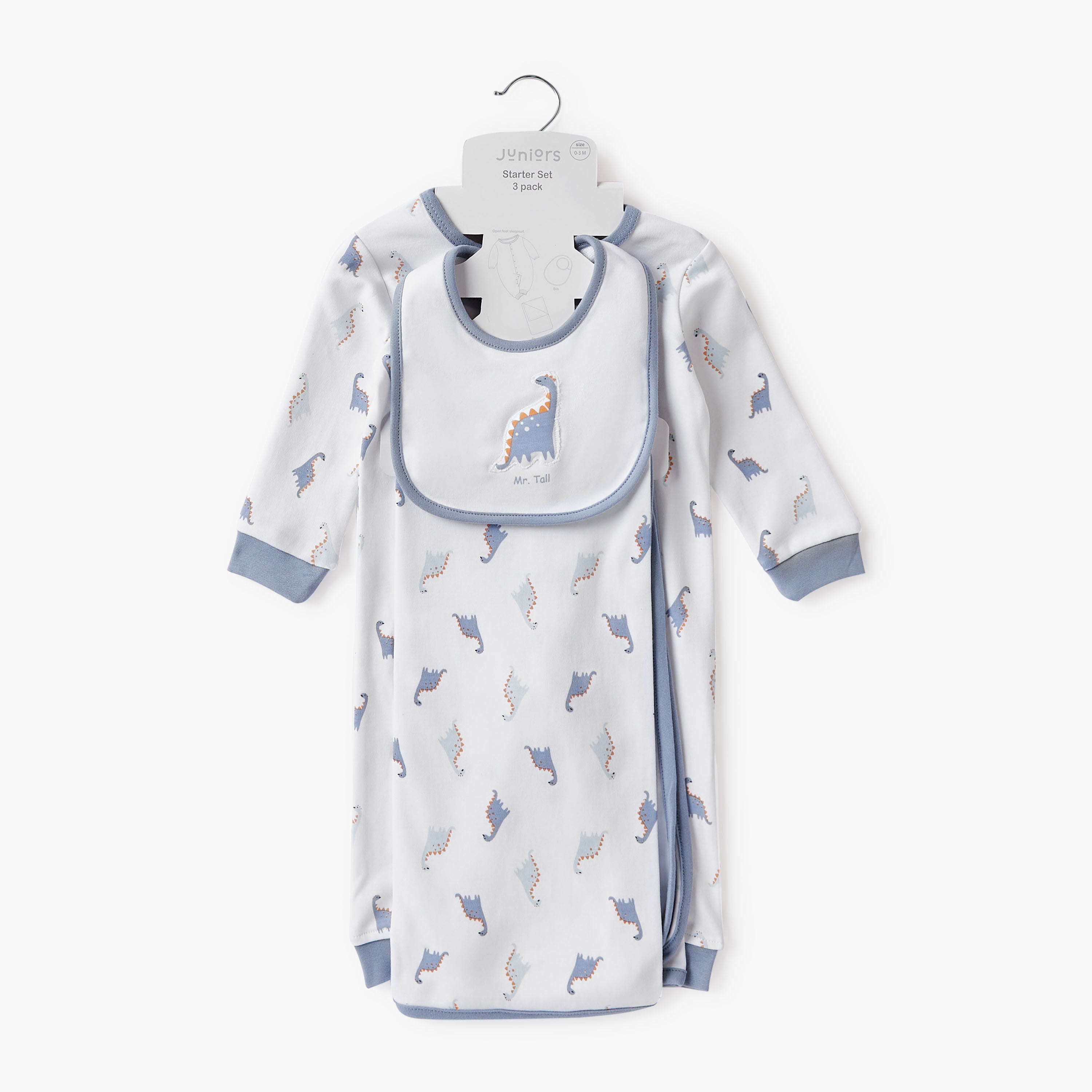 Juniors Dinosaur Print Sleepsuit with Bib and Receiving Blanket