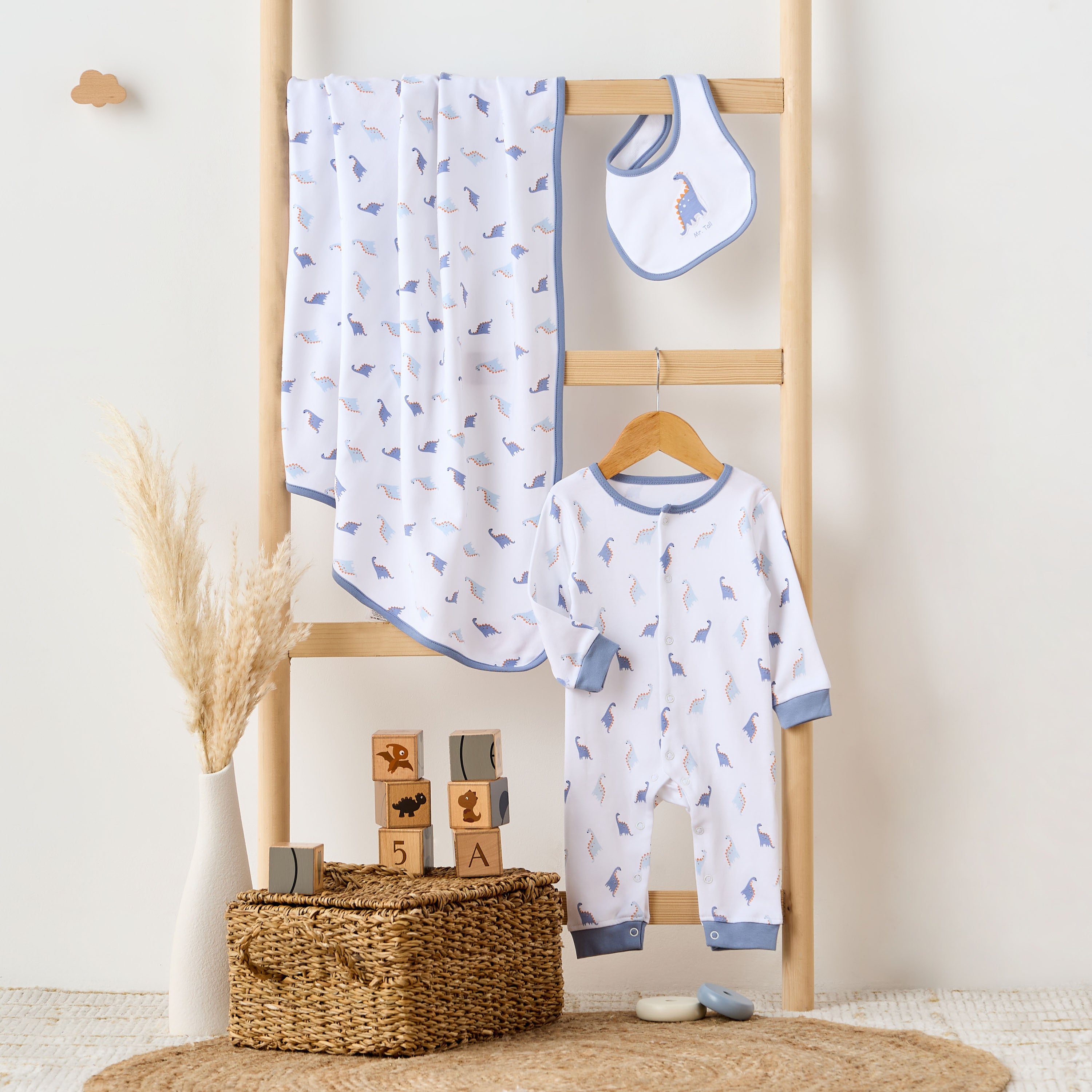 Juniors Dinosaur Print Sleepsuit with Bib and Receiving Blanket
