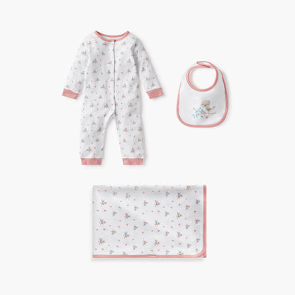 Juniors Printed Sleepsuit with Bib and Receiving Blanket - Pink / 3-6 mths