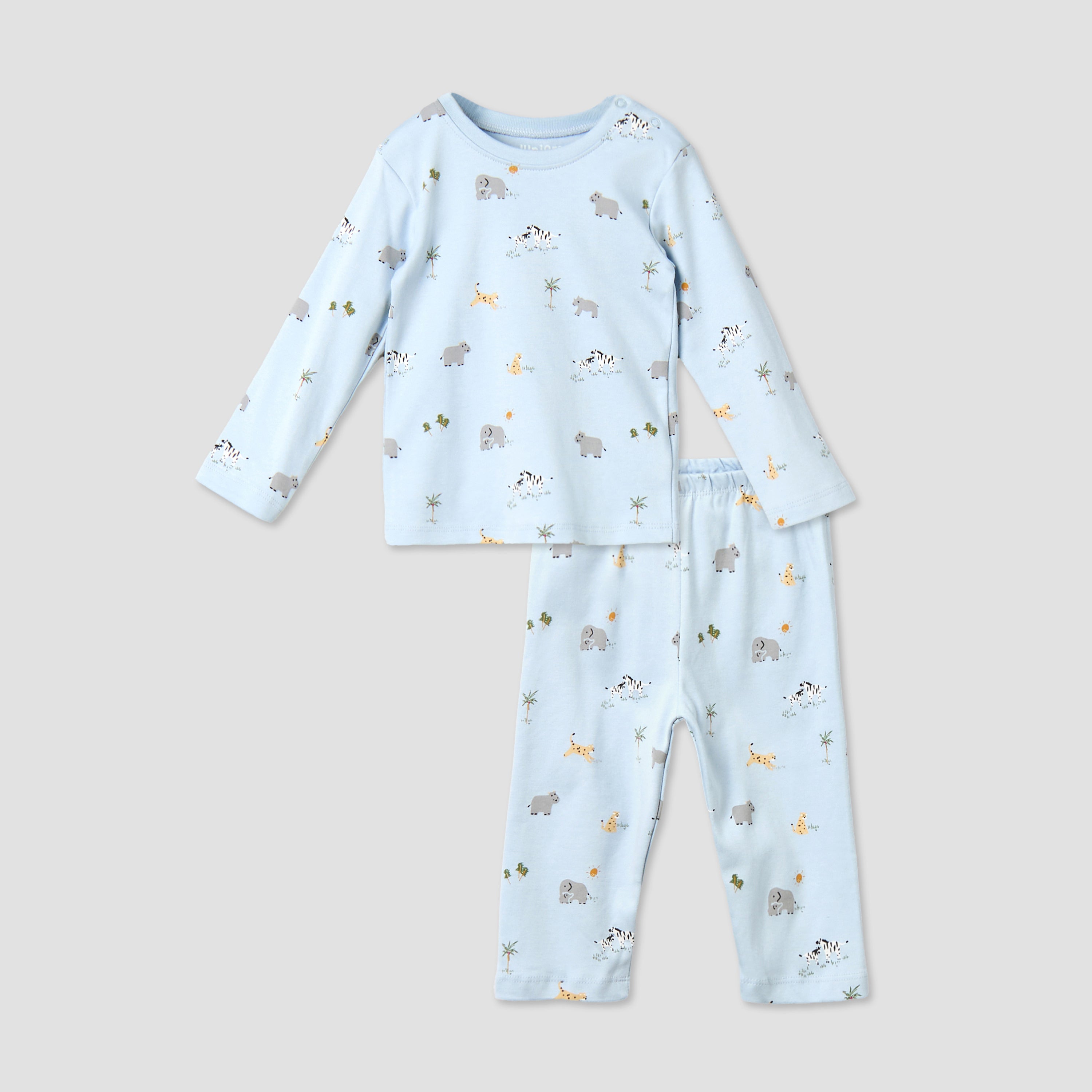 Juniors Cotton Round Neck Long Sleeves Pyjama Set with Print - Blue / 12-18 mths
