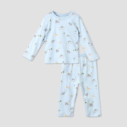 Juniors Cotton Round Neck Long Sleeves Pyjama Set with Print - Blue / 12-18 mths