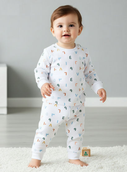 Juniors Cotton Round Neck Long Sleeves Pyjama Set with Arabic Alphabet Print-promo_babyshop_Buy3for79_UAE130126-image-1