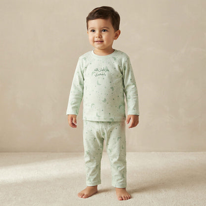 Juniors Cotton Round Neck Long Sleeves Pyjama Set with Star and Moon Print - Green / 18-24 mths