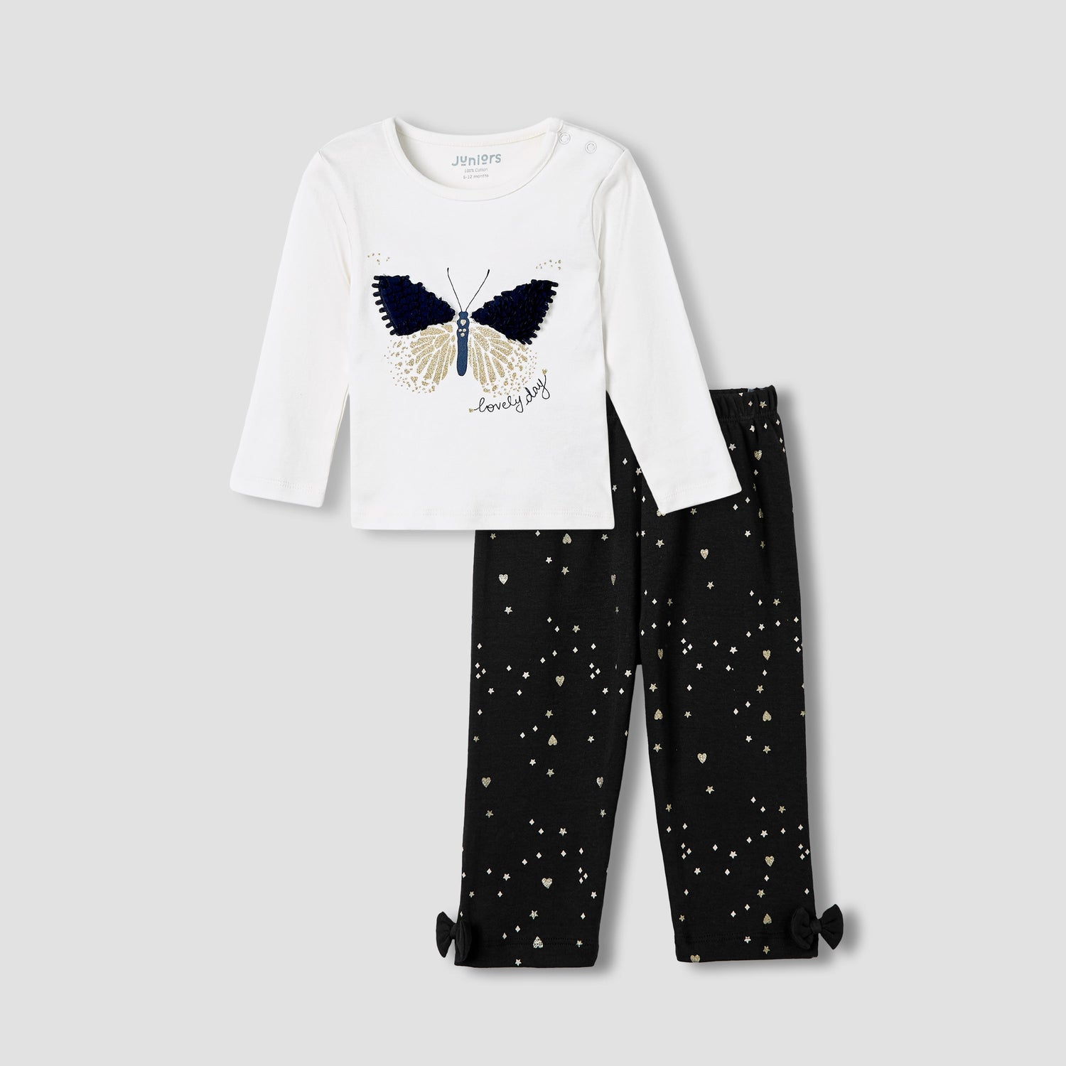 Juniors Pyjama Set with Butterfly Applique - Cotton - Long Sleeves - Round Neck - White / 18-24 mths