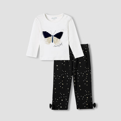 Juniors Pyjama Set with Butterfly Applique - Cotton - Long Sleeves - Round Neck - White / 18-24 mths