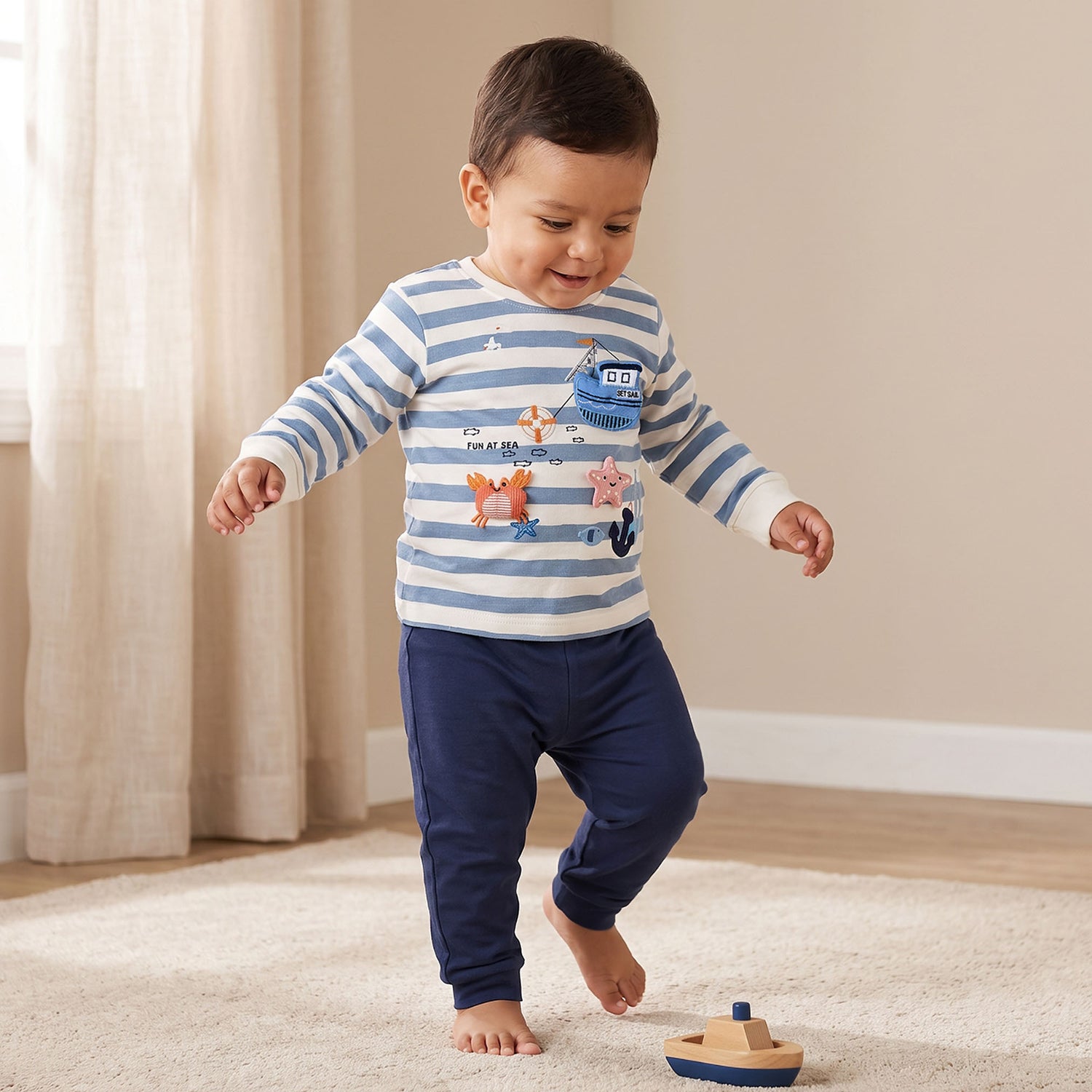 Juniors Cotton Crew Neck Long Sleeves Pyjama Set with Nautical Applique - Blue / 12-18 mths