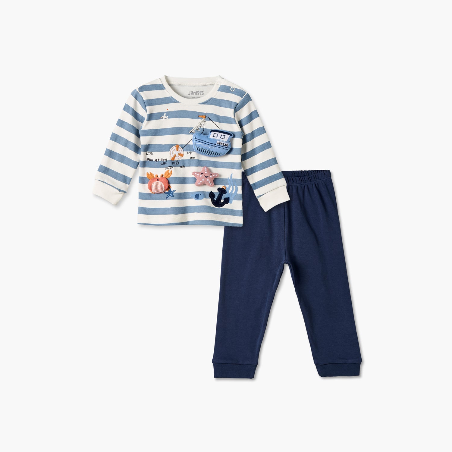 Juniors Cotton Crew Neck Long Sleeves Pyjama Set with Nautical Applique
