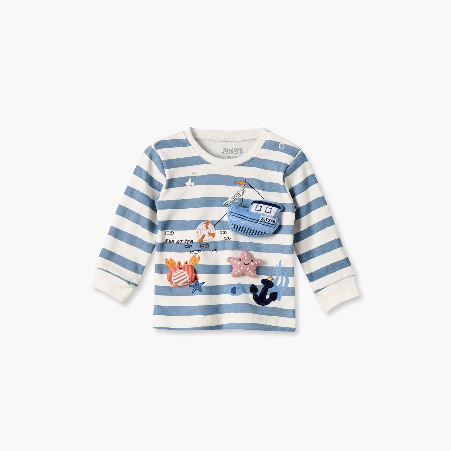 Juniors Cotton Crew Neck Long Sleeves Pyjama Set with Nautical Applique
