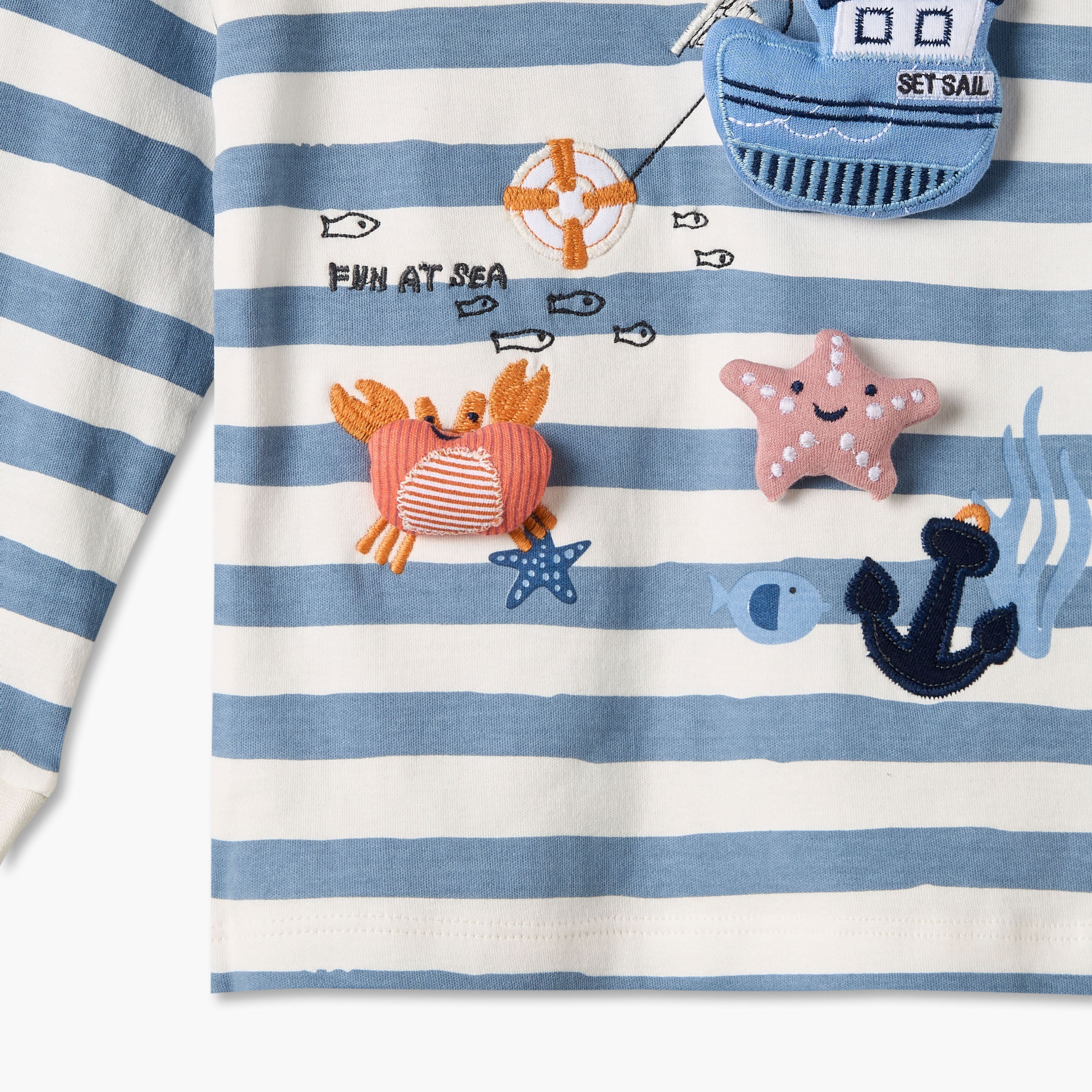Juniors Cotton Crew Neck Long Sleeves Pyjama Set with Nautical Applique