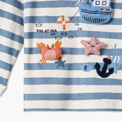 Juniors Cotton Crew Neck Long Sleeves Pyjama Set with Nautical Applique