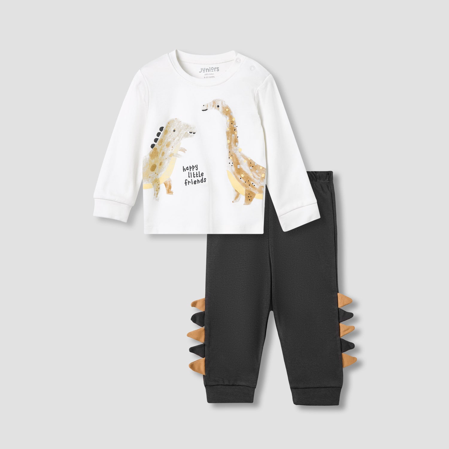 Juniors Pyjama Set with Dinosaur Print - Cotton - Long Sleeves - Round Neck - White / 12-18 mths