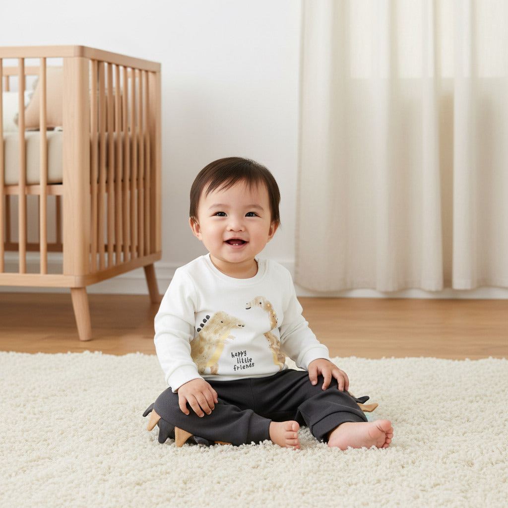 Juniors Pyjama Set with Dinosaur Print - Cotton - Long Sleeves - Round Neck