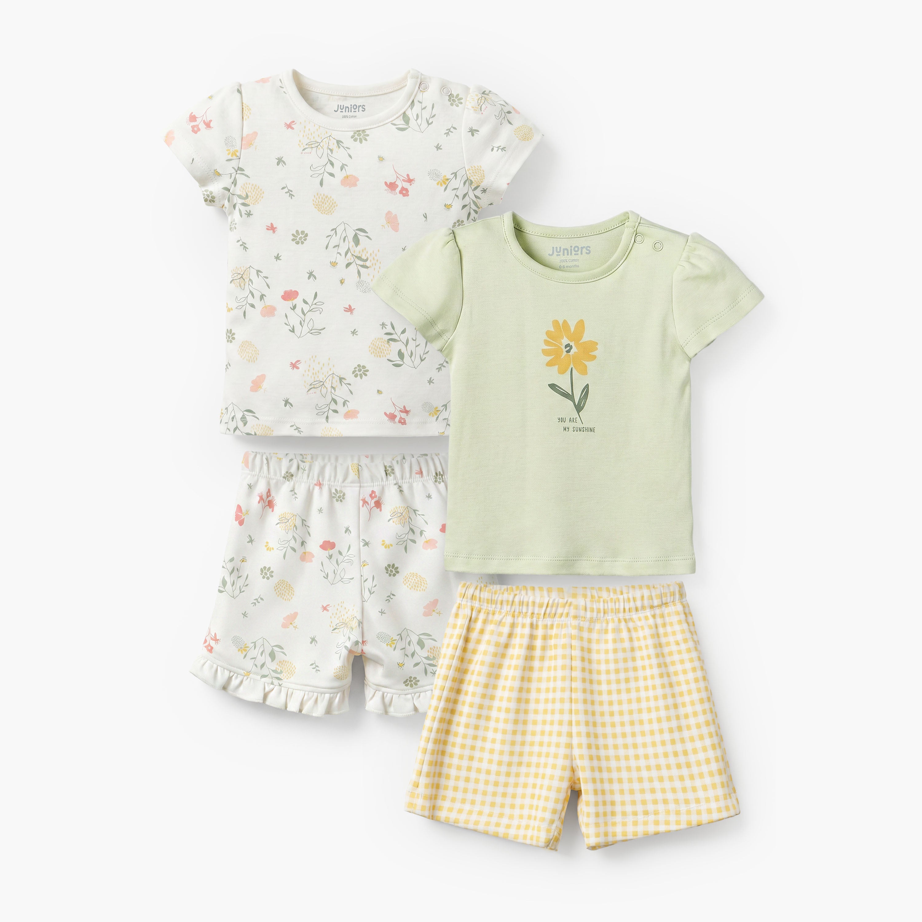 Pack of 2 Juniors Crew Neck Short Sleeves T-shirt and Shorts Set with Snap Button Closure - Green / 18-24 mths