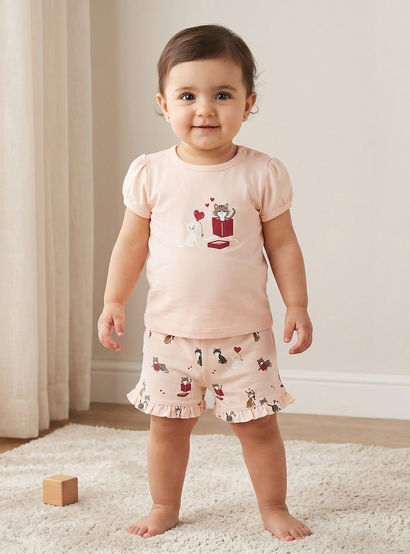 Pack of 2 Juniors Crew Neck Short Sleeves T-shirt and Shorts Set with Assorted Print-baby-girls-clothing-setsandcoords-image-1
