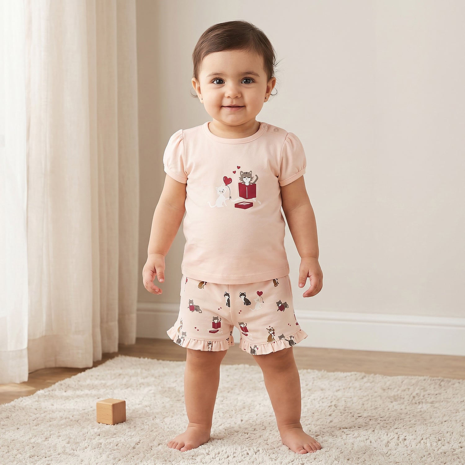 Pack of 2 Juniors Crew Neck Short Sleeves T-shirt and Shorts Set with Assorted Print - Peach / 18-24 mths