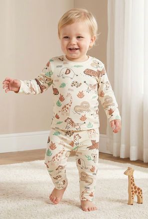 Juniors Cotton Round Neck Long Sleeves Pyjama Set with Safari Print