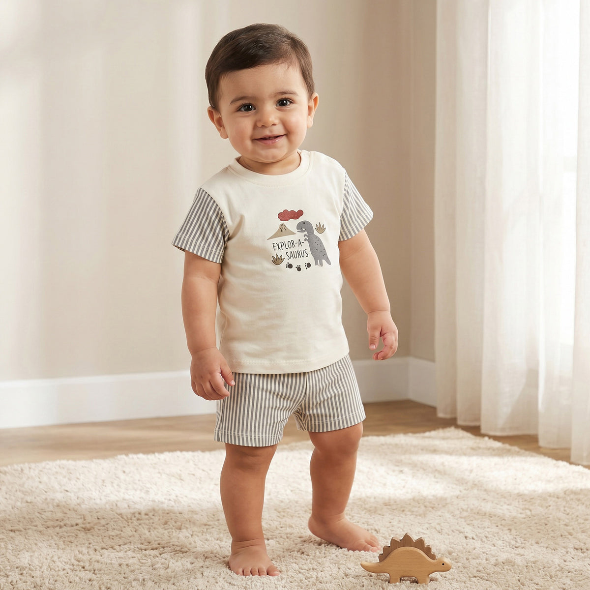 Pack of 2 Juniors Round Neck Short Sleeves T-shirt and Shorts Set with Dinosaur Print