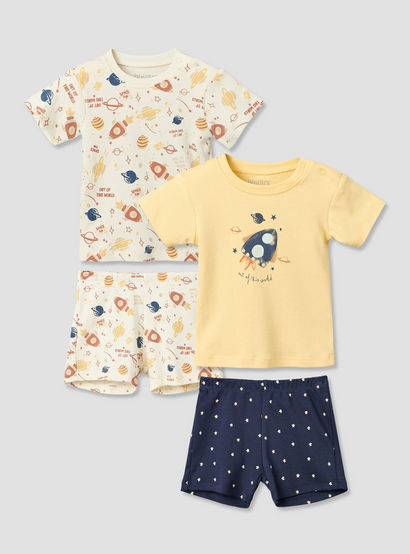Pack of 2 Juniors Round Neck Short Sleeves T-shirt and Shorts Set with Space Print-baby-boys-clothing-setsandcoords-image-1