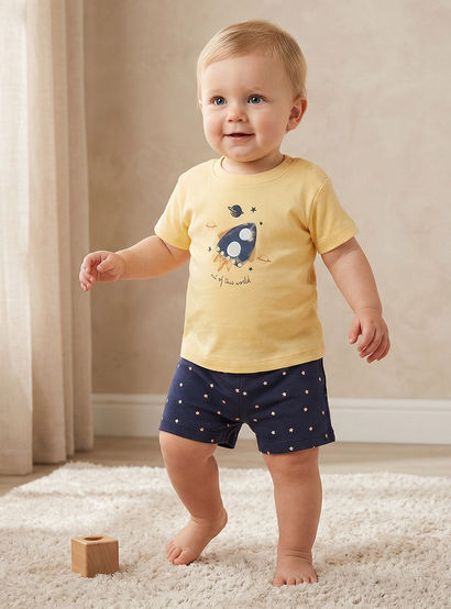 Pack of 2 Juniors Round Neck Short Sleeves T-shirt and Shorts Set with Space Print-baby-boys-clothing-setsandcoords-image-2