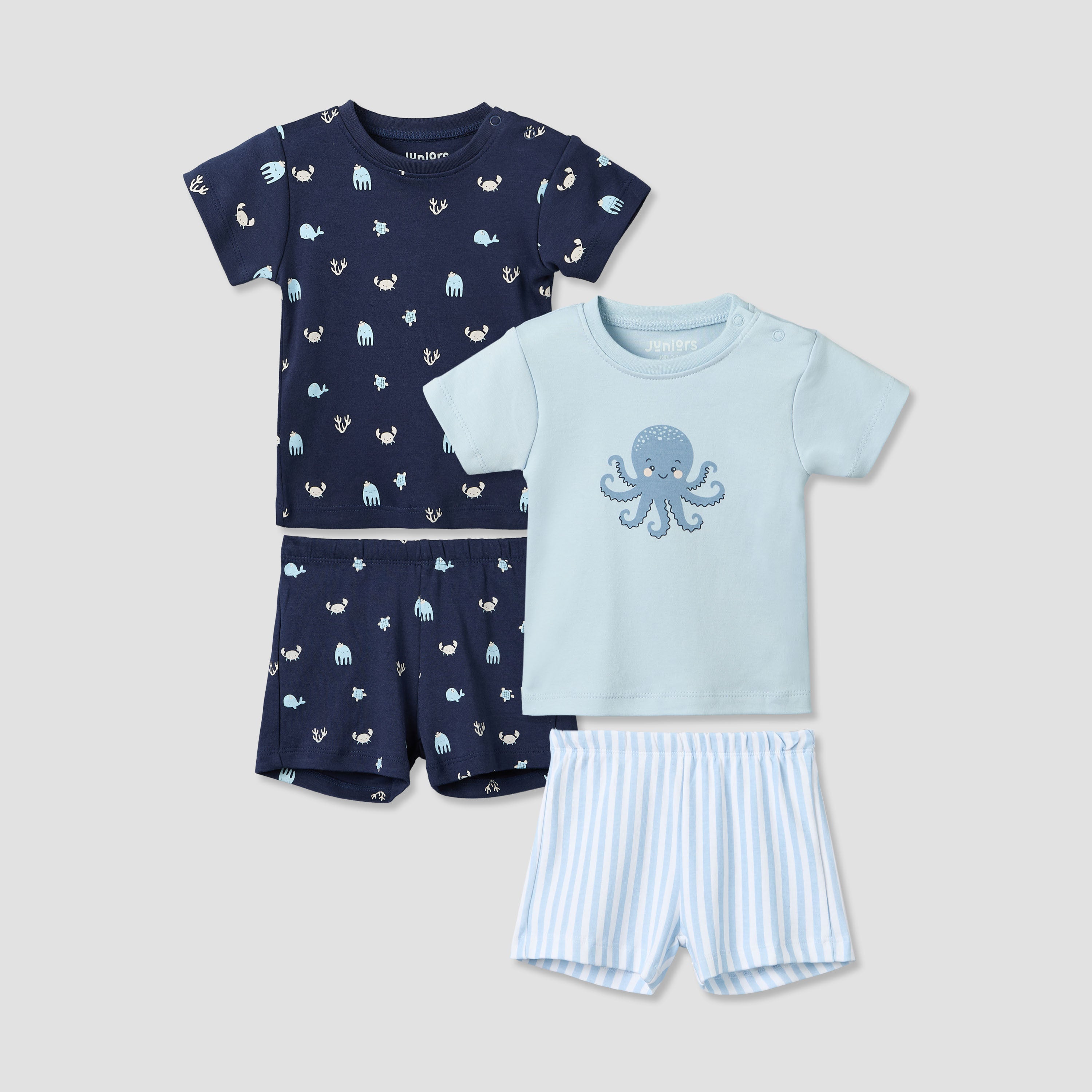 Pack of 2 Juniors Round Neck Short Sleeves T-shirt and Shorts Set with Underwater Print - Blue / 12-18 mths