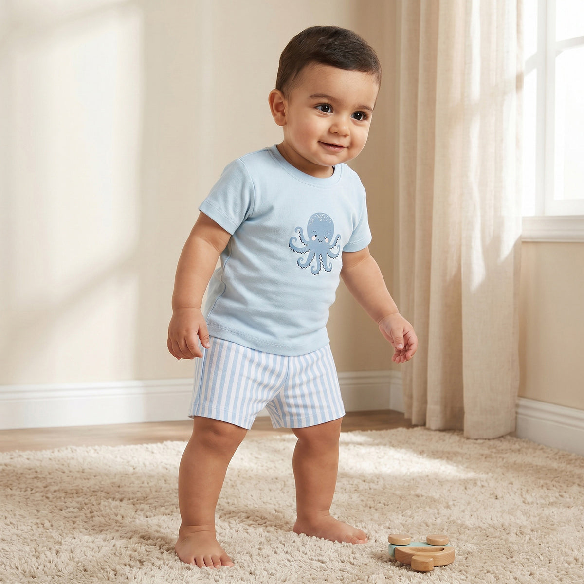 Pack of 2 Juniors Round Neck Short Sleeves T-shirt and Shorts Set with Underwater Print