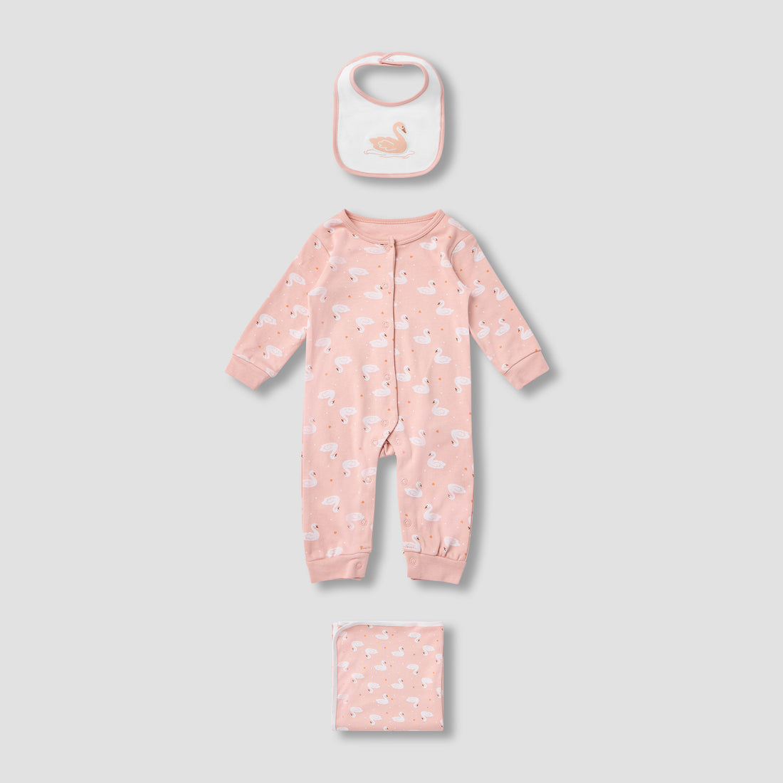 Juniors Swan Print Sleepsuit with Bib and Blanket - Pink / 0-3 mths