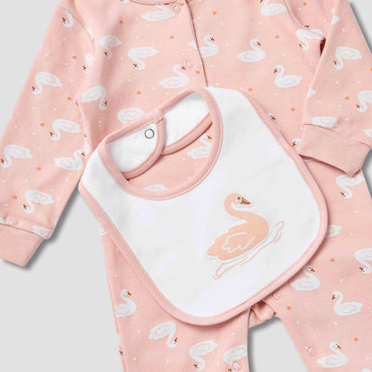 Juniors Swan Print Sleepsuit with Bib and Blanket