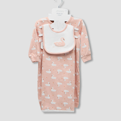 Juniors Swan Print Sleepsuit with Bib and Blanket
