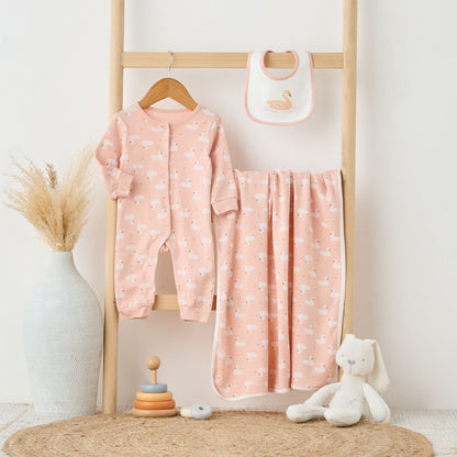 Juniors Swan Print Sleepsuit with Bib and Blanket