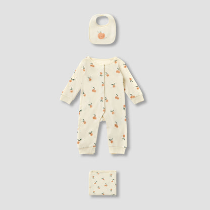 Juniors Printed Sleepsuit with Bib and Blanket - Cream / 0-3 mths