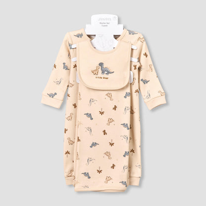 Set of 3 Juniors Clothing Gift Set with Dinosaur Print - Beige / 3-6 mths