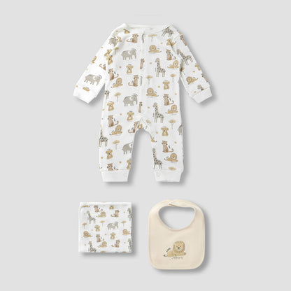 Juniors Wild Animal Print Sleepsuit with Bib and Blanket - Cream / 0-3 mths