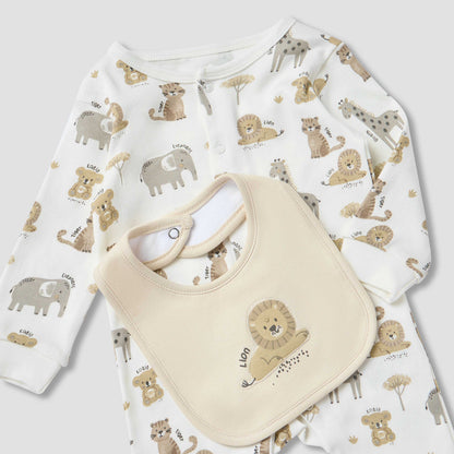 Juniors Wild Animal Print Sleepsuit with Bib and Blanket