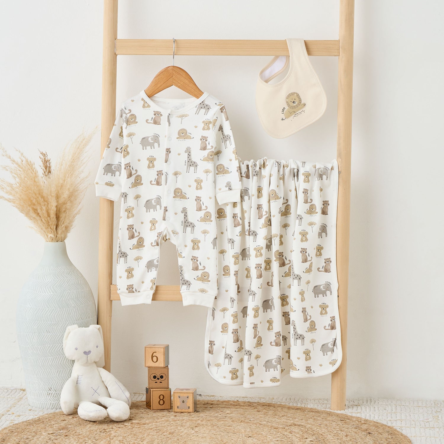 Juniors Wild Animal Print Sleepsuit with Bib and Blanket