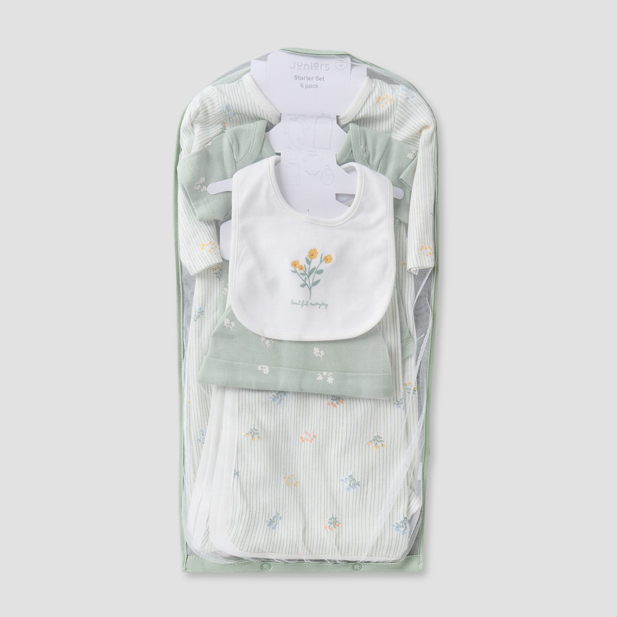 Set of 6 Juniors Clothing Gift Set with Floral Print - Green / 0-3 mths