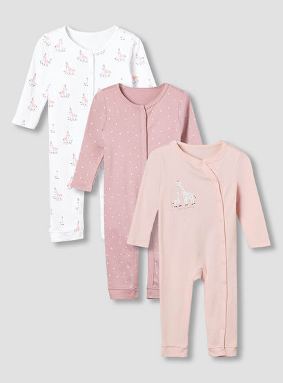 Pack of 3 Juniors Cotton Round Neck Long Sleeves Sleepsuit with Giraffe Print-baby-girls-clothing-nightwear-sleepsuits-image-1
