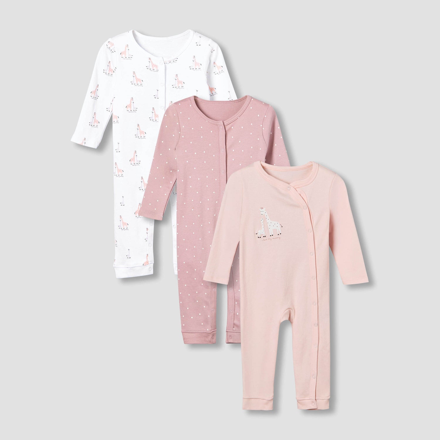 Pack of 3 Juniors Cotton Round Neck Long Sleeves Sleepsuit with Giraffe Print - Pink / 12-18 mths